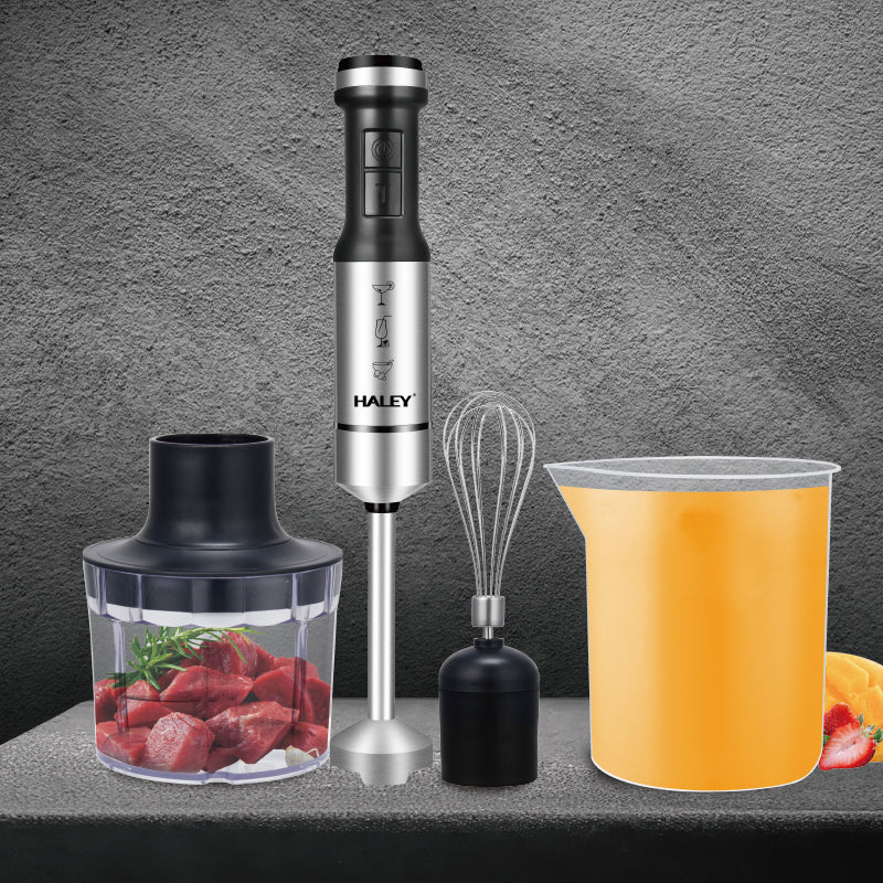 Blender de Mână Electric HALEY 4-in-1, 1200W, Oțel Inoxidabil, 2 Viteze + Accesorii – Tocător, Tel, Pahar, Multifuncțional pentru Bucătărie